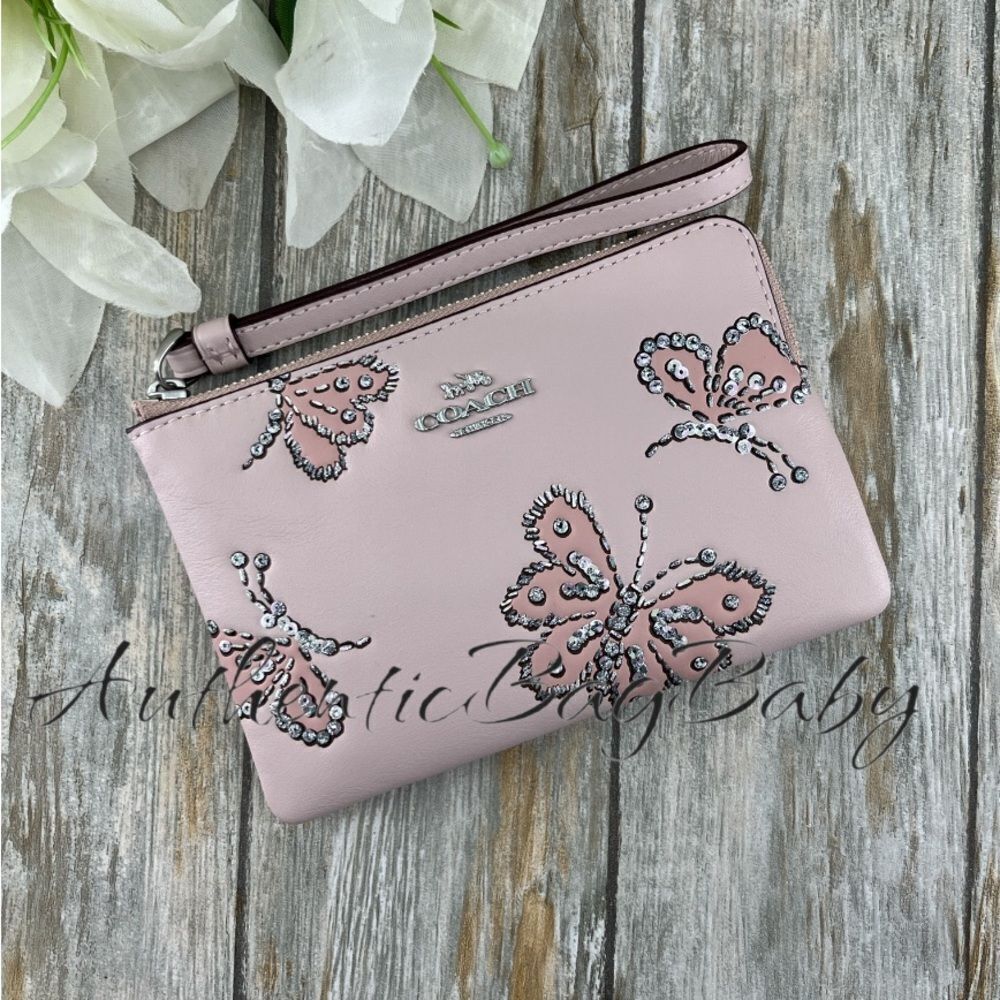 Coach Corner Zip Wristlet Butterfly Print Wallet Bag Purse